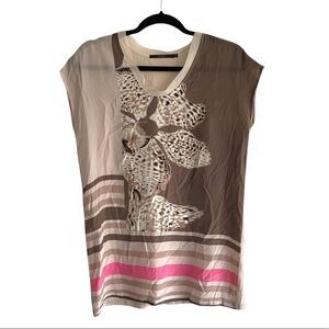SEVENTY Silk Short Sleeve Crew Neck Blouse Print Tan Pink 40 IT